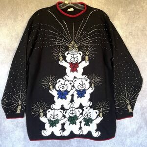 Vtg 90s Y2K Ugly Christmas Sweater Med Black Knit Shimmer Teddy Bear Kitschy EUC